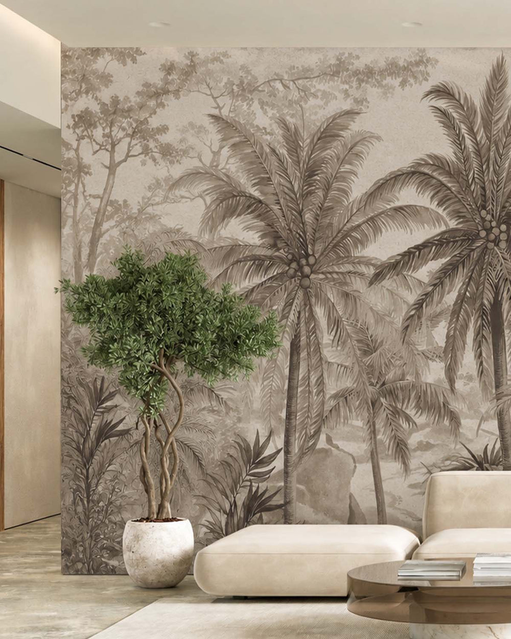 Feather Grey Monochrome Tropical Palm Tree  Residential Mural RM9264