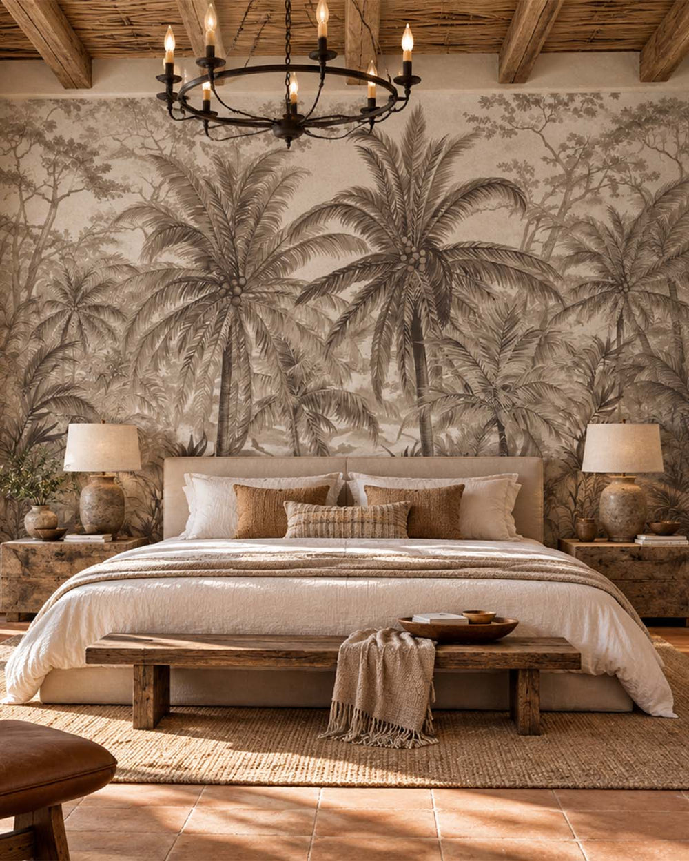 Feather Grey Monochrome Tropical Palm Tree  Residential Mural RM9264