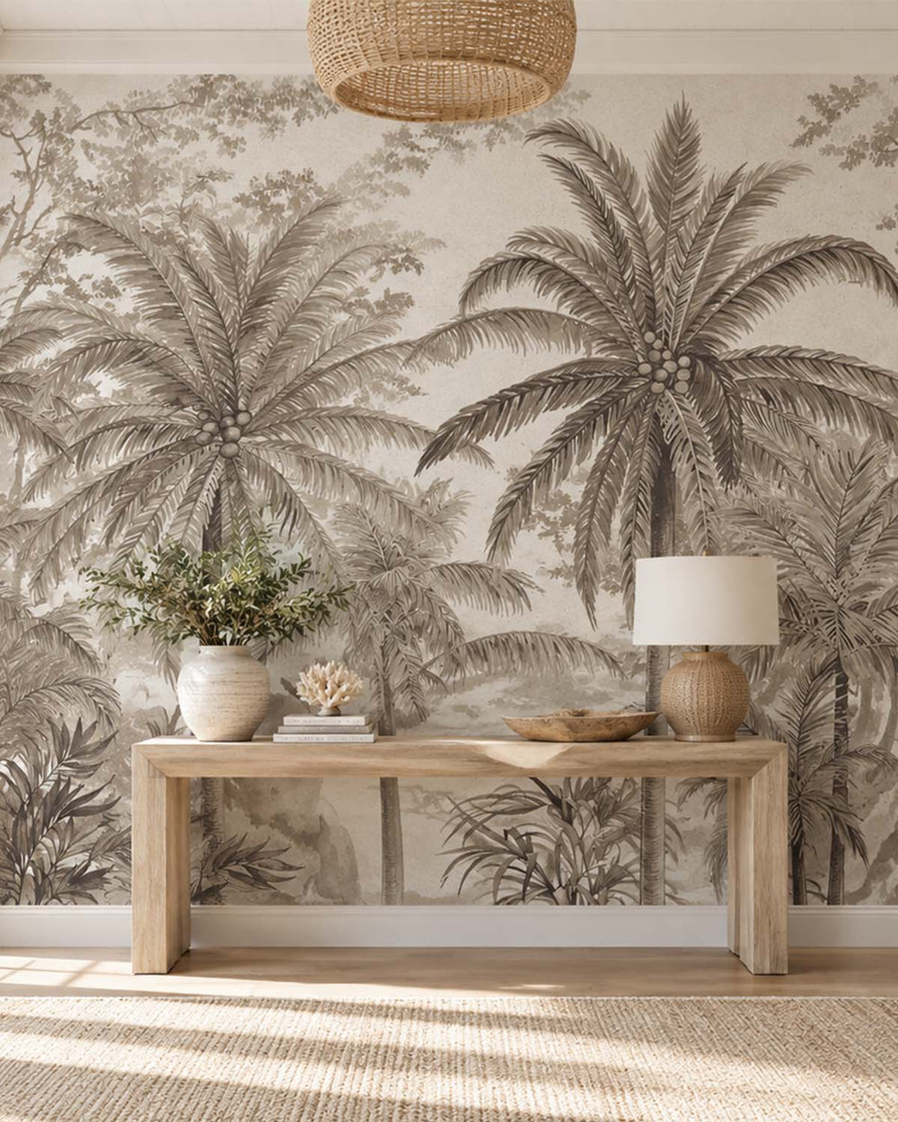 Feather Grey Monochrome Tropical Palm Tree  Residential Mural RM9264