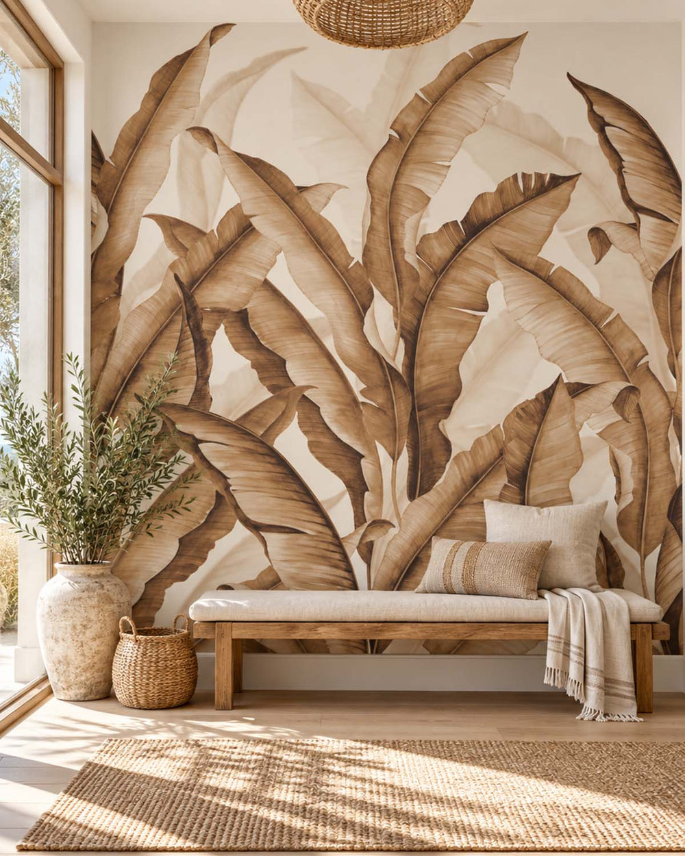 Cool Copper Watercolor Banana Leaf  Residential Mural RM9267