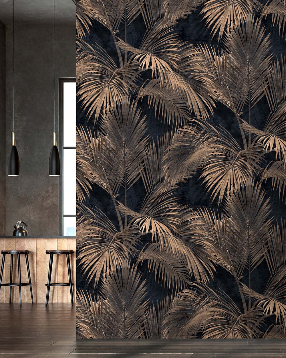 Black Grey Twilight Palm Luxe Wallpaper Panels RM9268