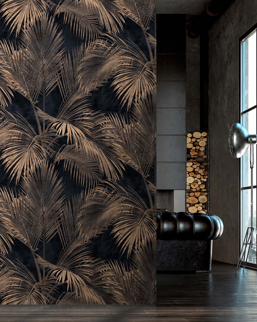 Black Grey Twilight Palm Luxe Wallpaper Panels RM9268