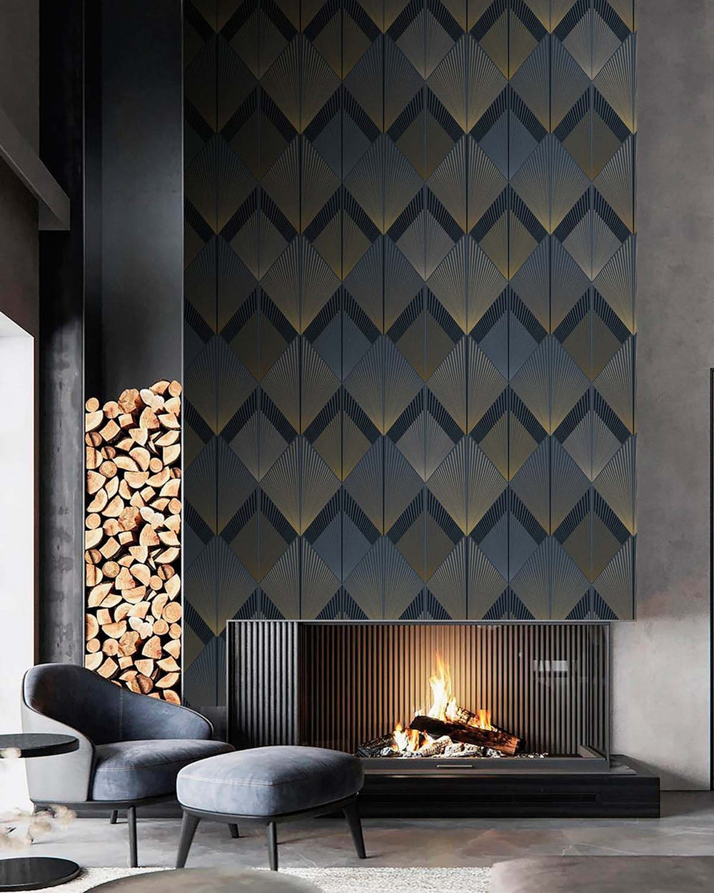 North Sea Blue Art Deco Diamond Sunburst  Residential Mural RM9272