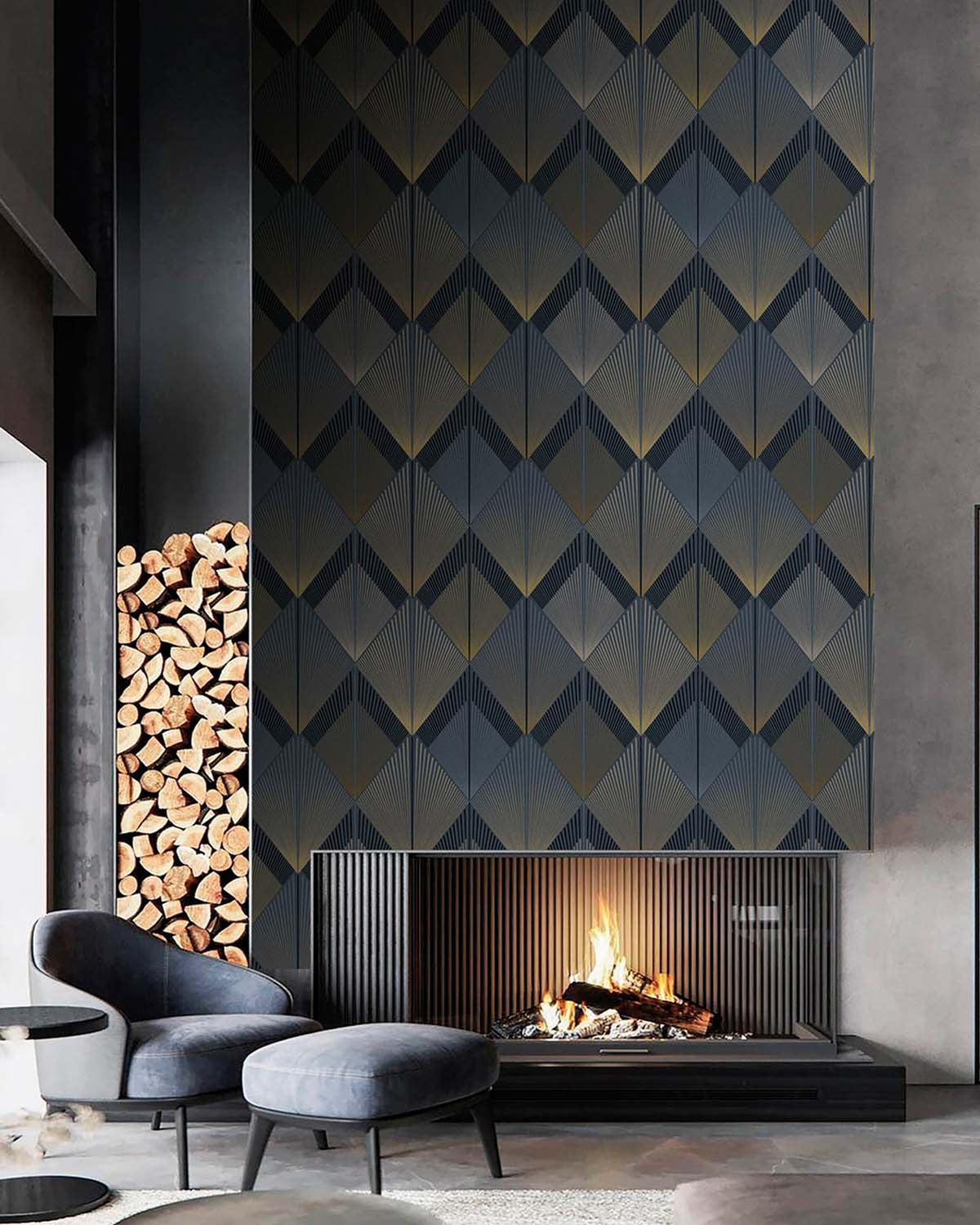 North Sea Blue Art Deco Diamond Sunburst  Wallpaper Panels RM9272