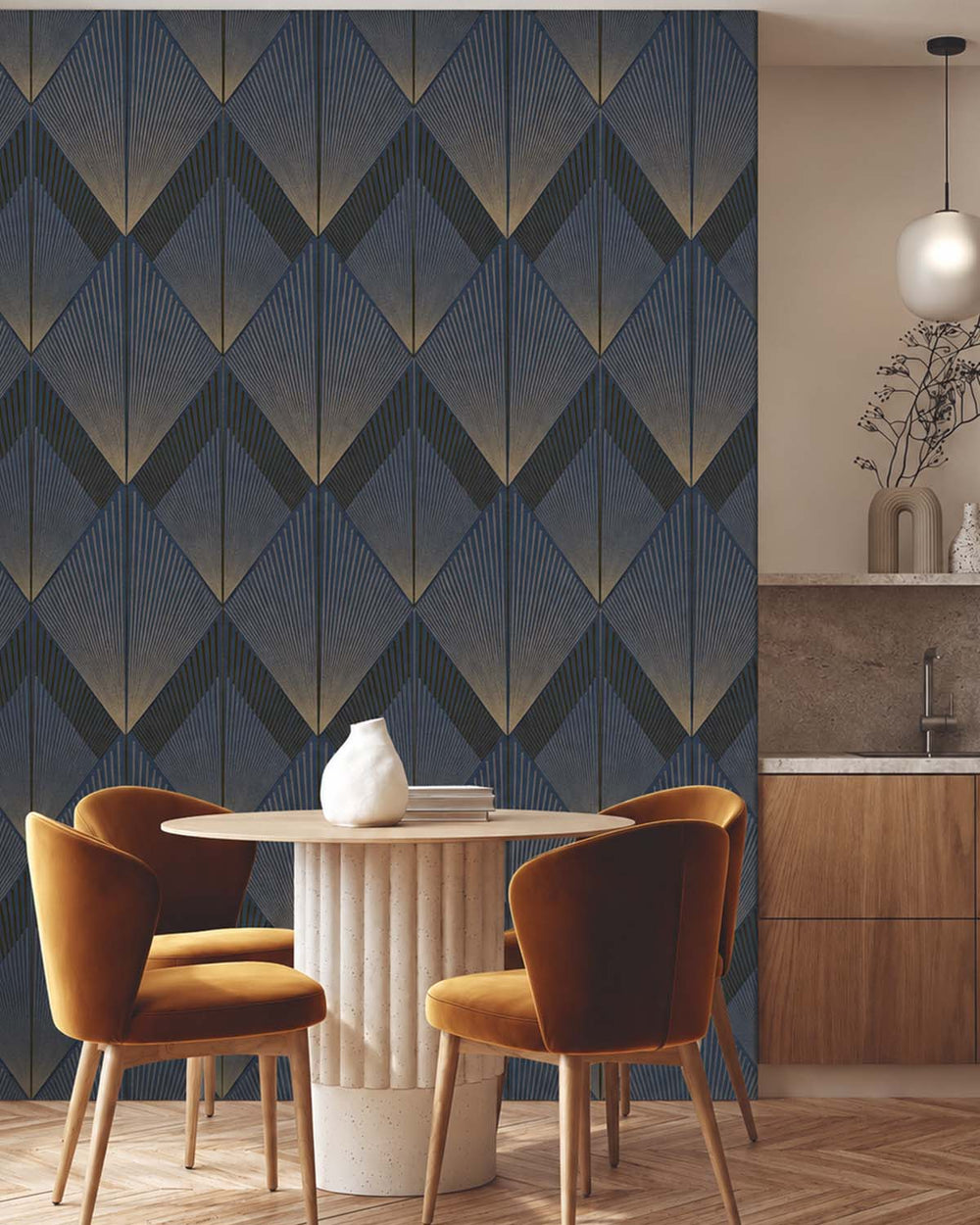 North Sea Blue Art Deco Diamond Sunburst  Residential Mural RM9272
