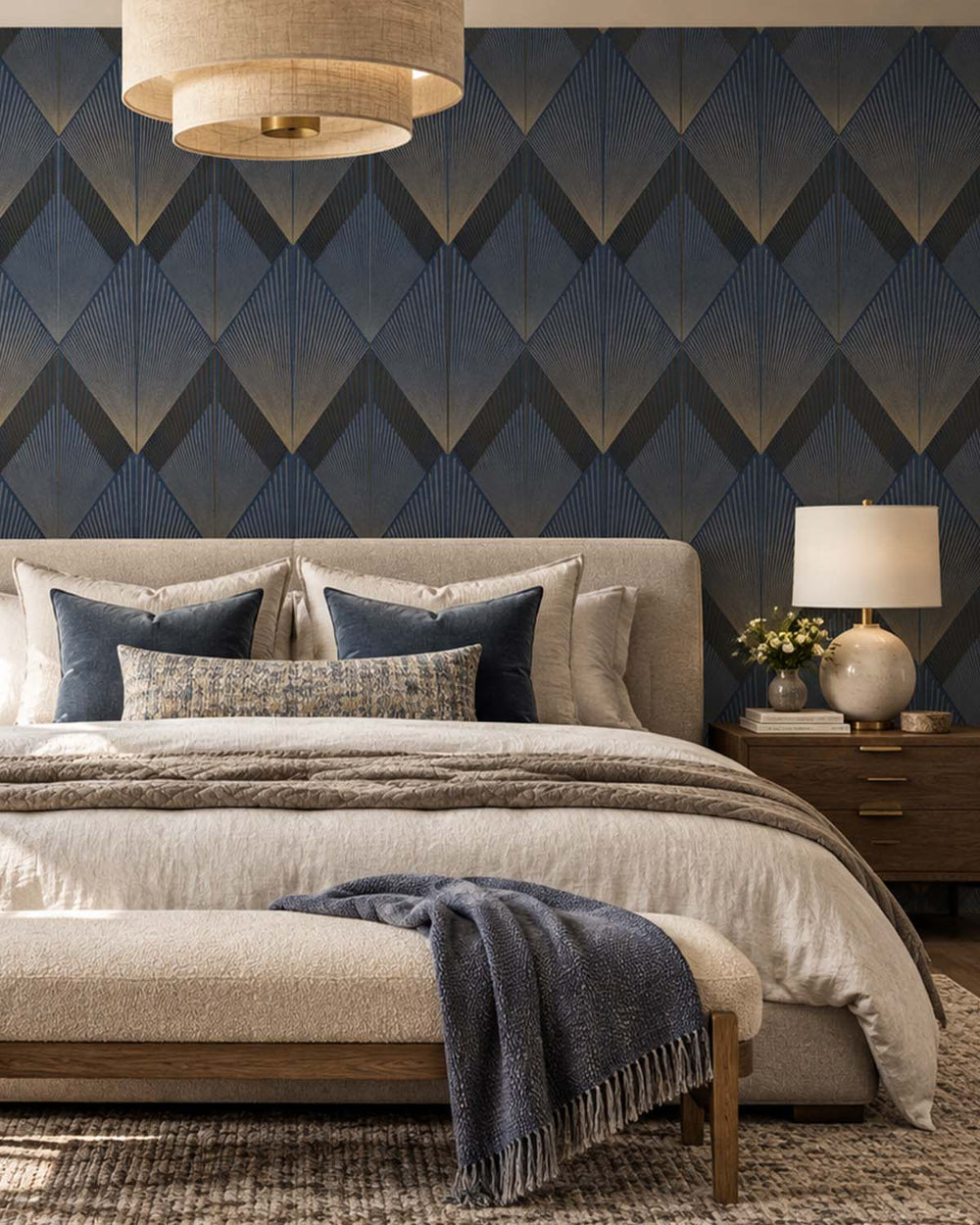 North Sea Blue Art Deco Diamond Sunburst  Residential Mural RM9272