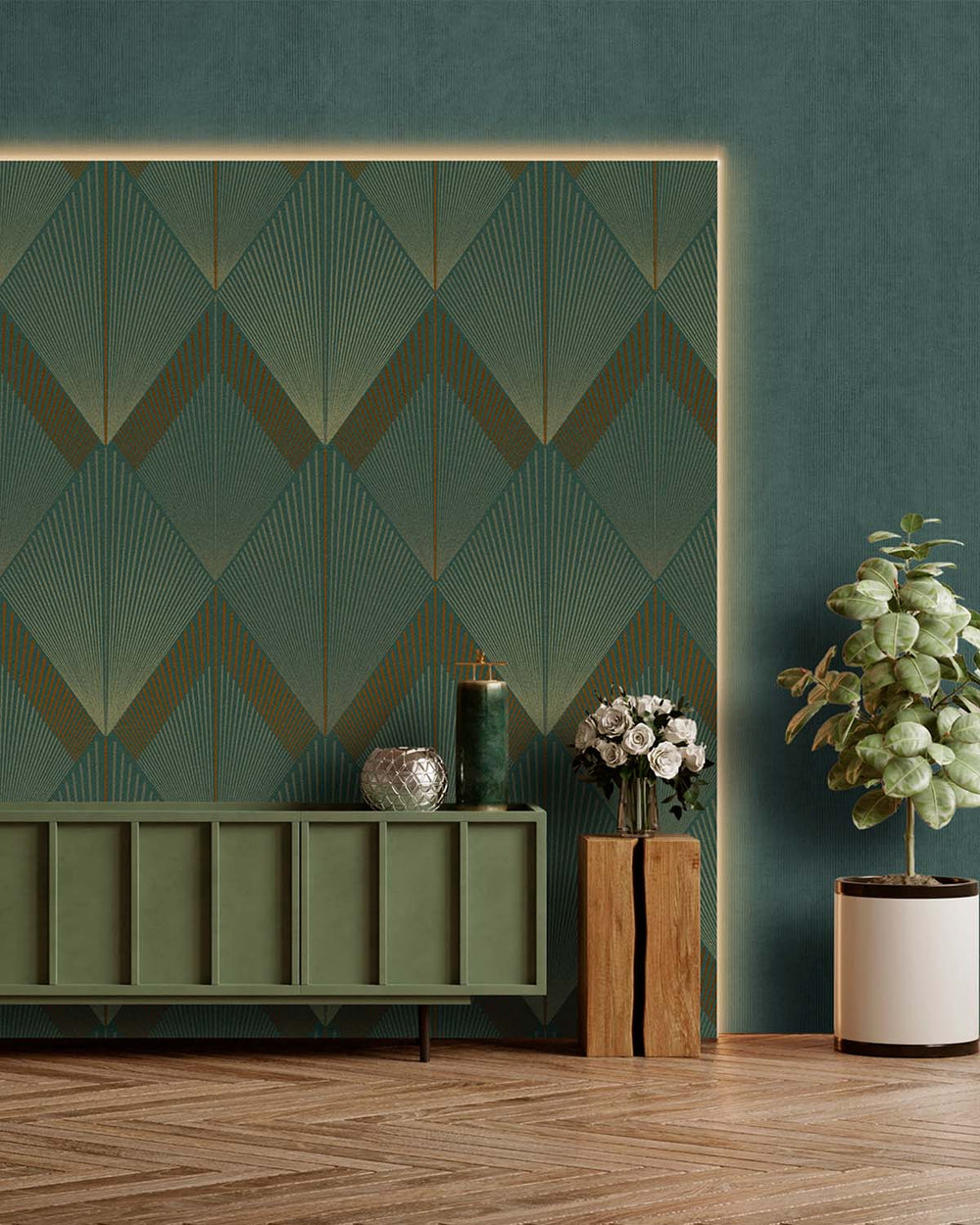 English Holly Art Deco Diamond Sunburst  Residential Mural RM9274