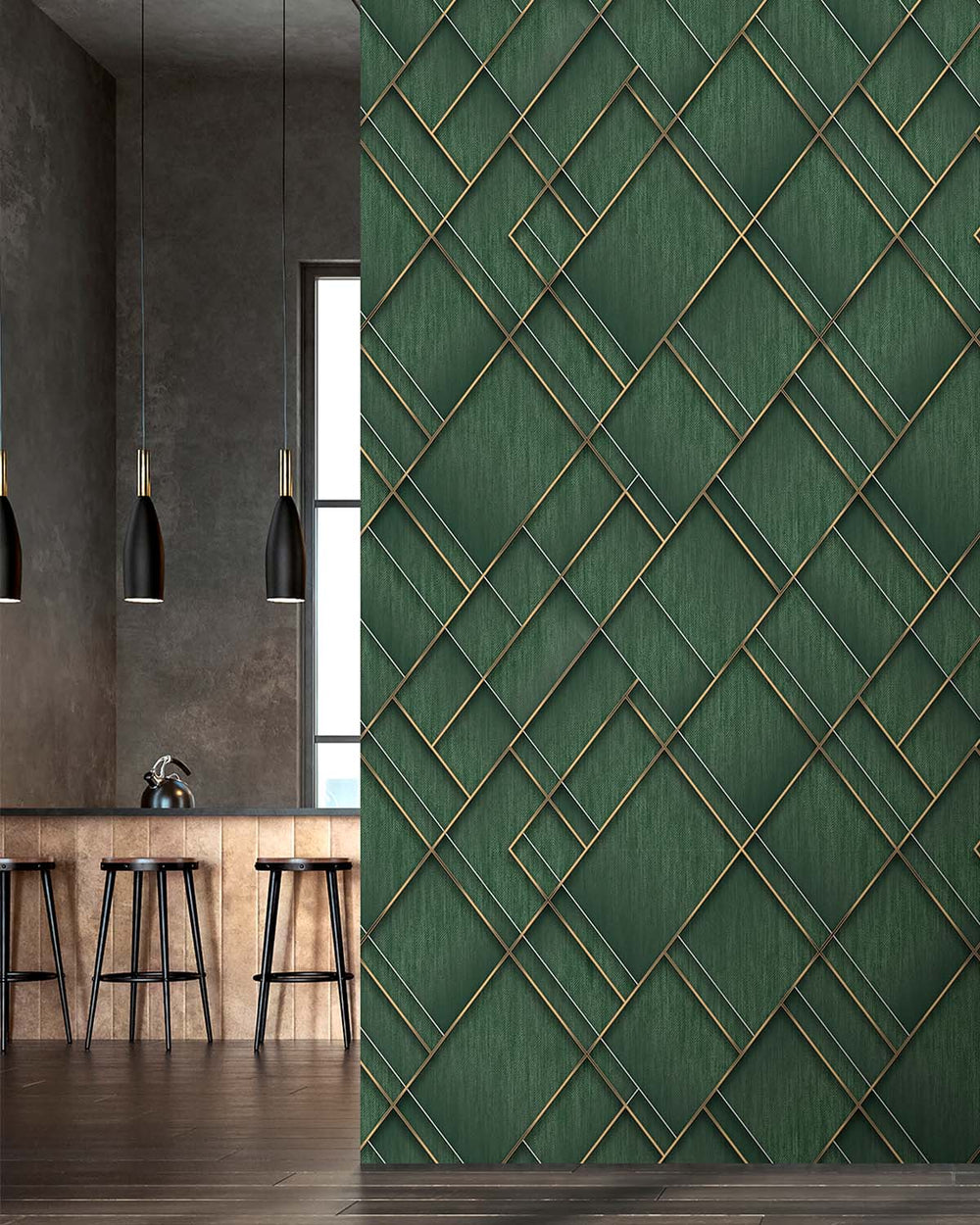 Mushiao Green Modern Geometric Trellis  Residential Mural RM9283