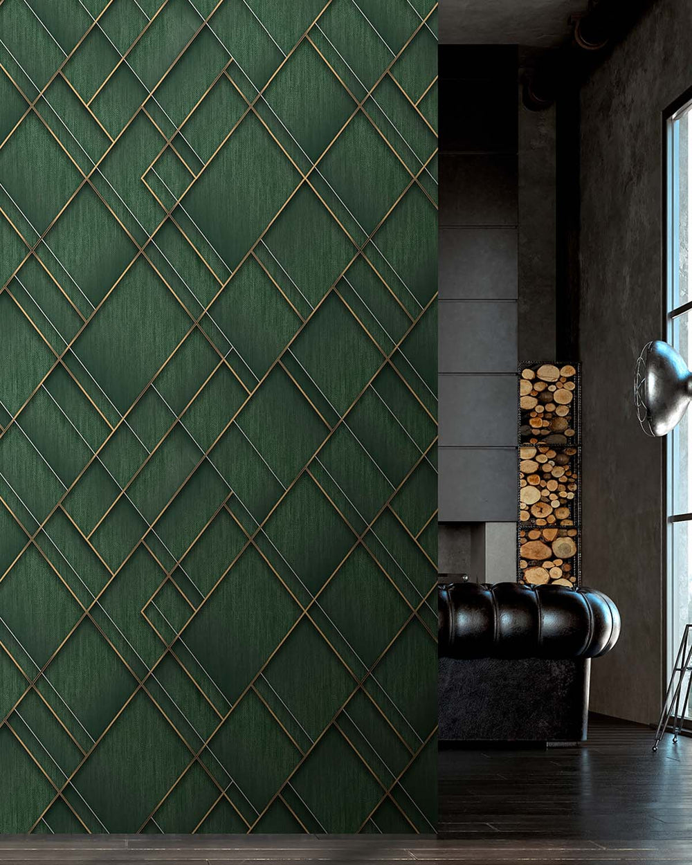 Mushiao Green Modern Geometric Trellis  Residential Mural RM9283