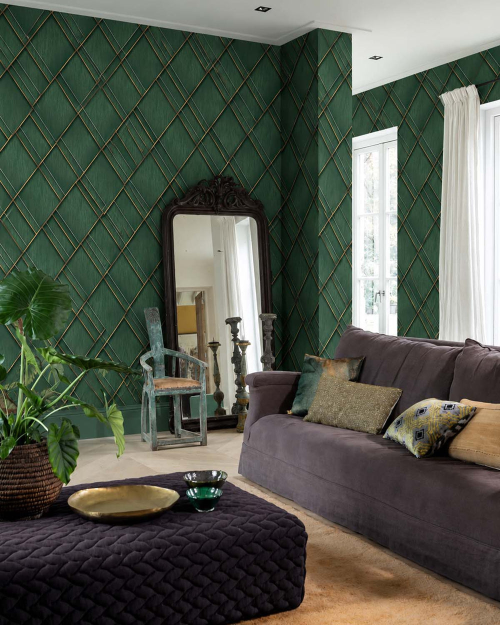 Mushiao Green Modern Geometric Trellis  Residential Mural RM9283