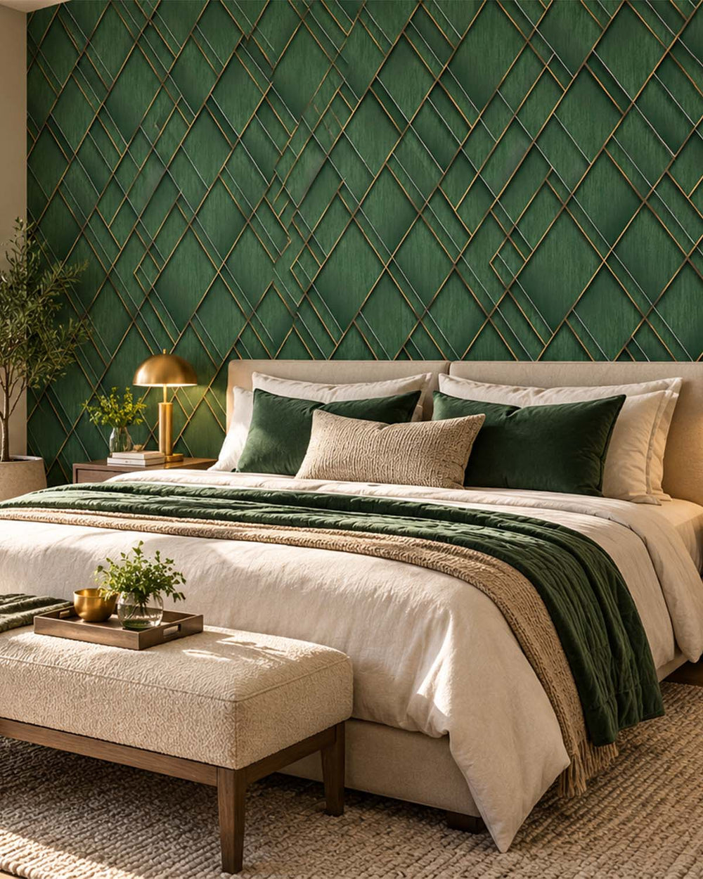 Mushiao Green Modern Geometric Trellis  Residential Mural RM9283