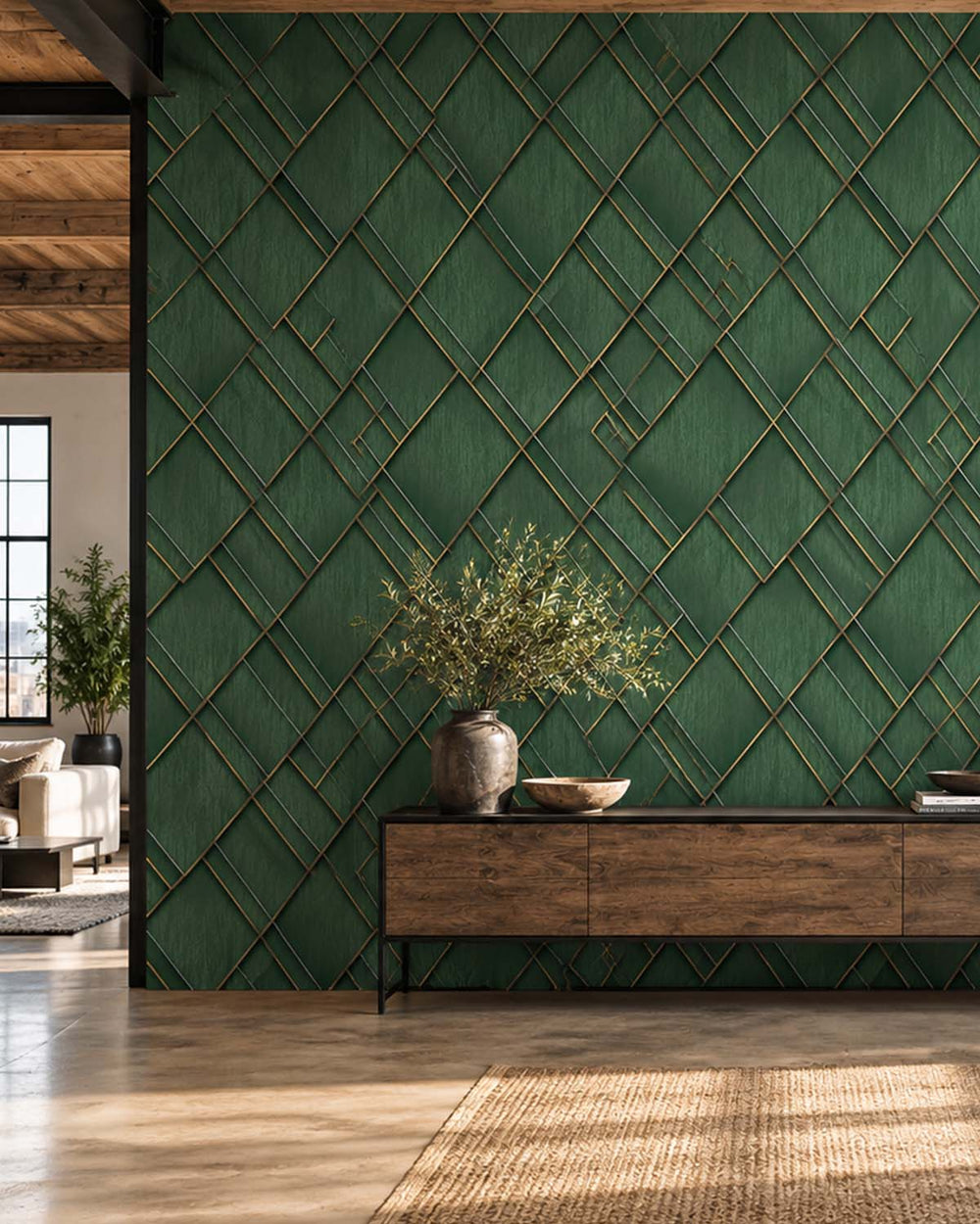 Mushiao Green Modern Geometric Trellis  Residential Mural RM9283