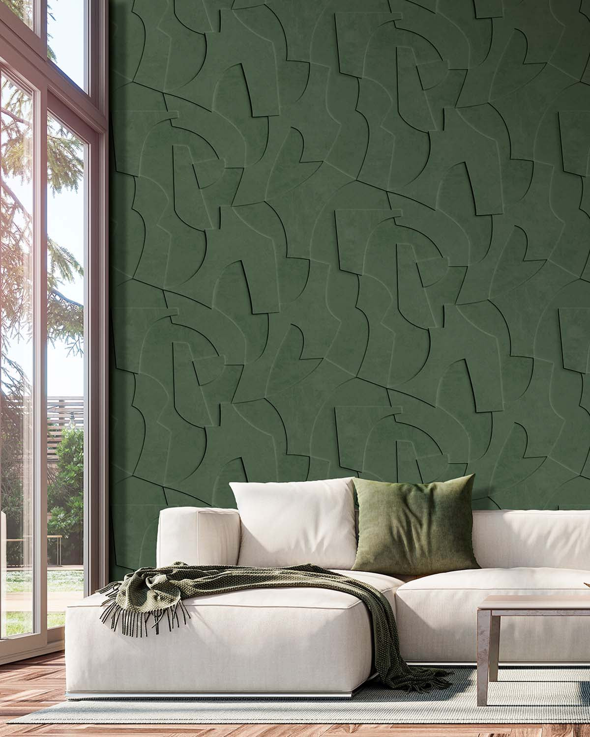 Castellan Green Sculptural Bas-Relief Abstract Wallpaper Panels RM9286