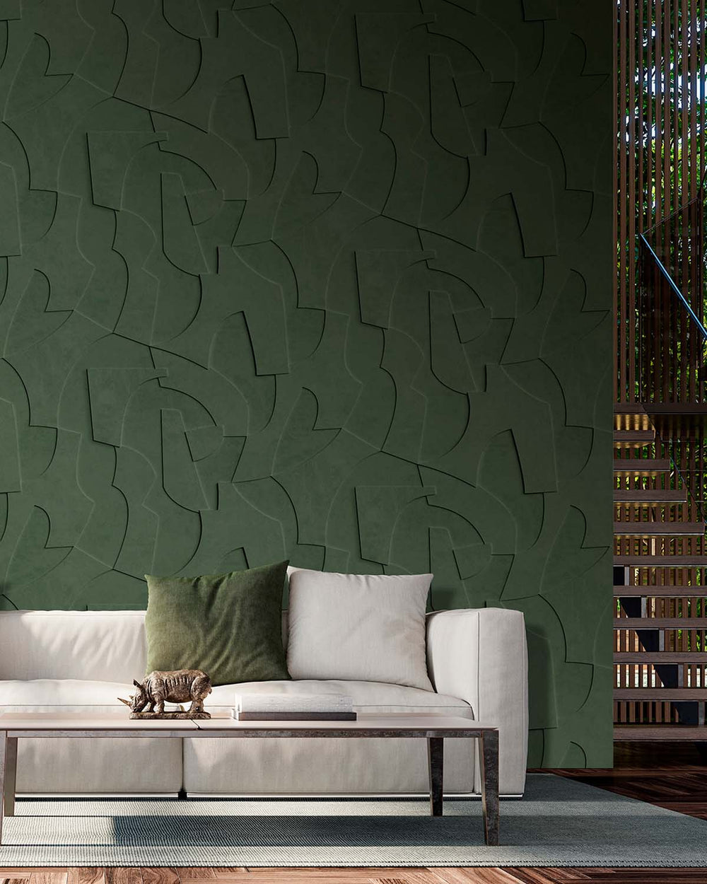 Castellan Green Sculptural Bas-Relief Abstract Wallpaper Panels RM9286
