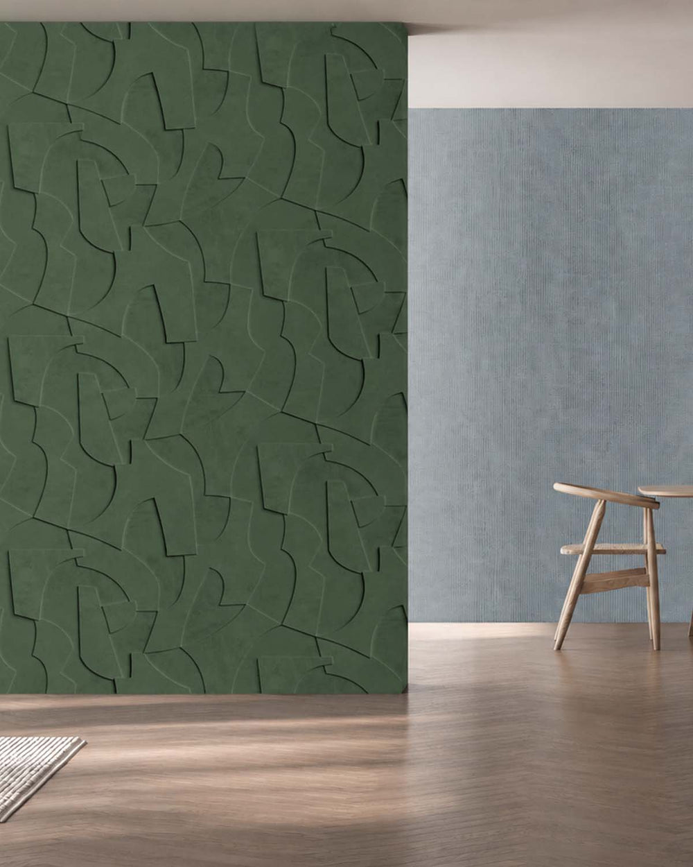 Castellan Green Sculptural Bas-Relief Abstract Wallpaper Panels RM9286
