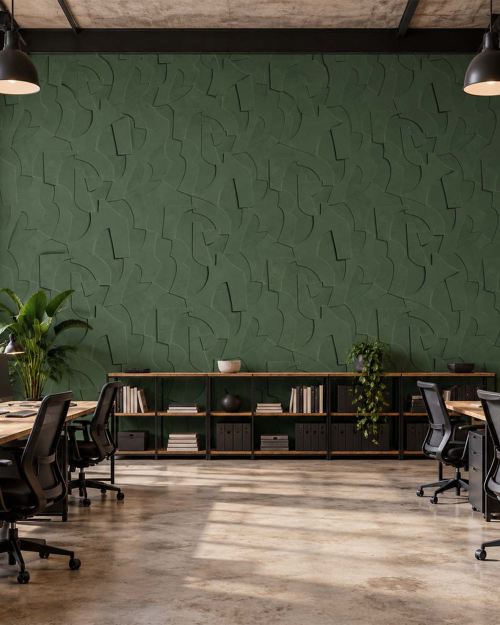Castellan Green Sculptural Bas-Relief Abstract Wallpaper Panels RM9286