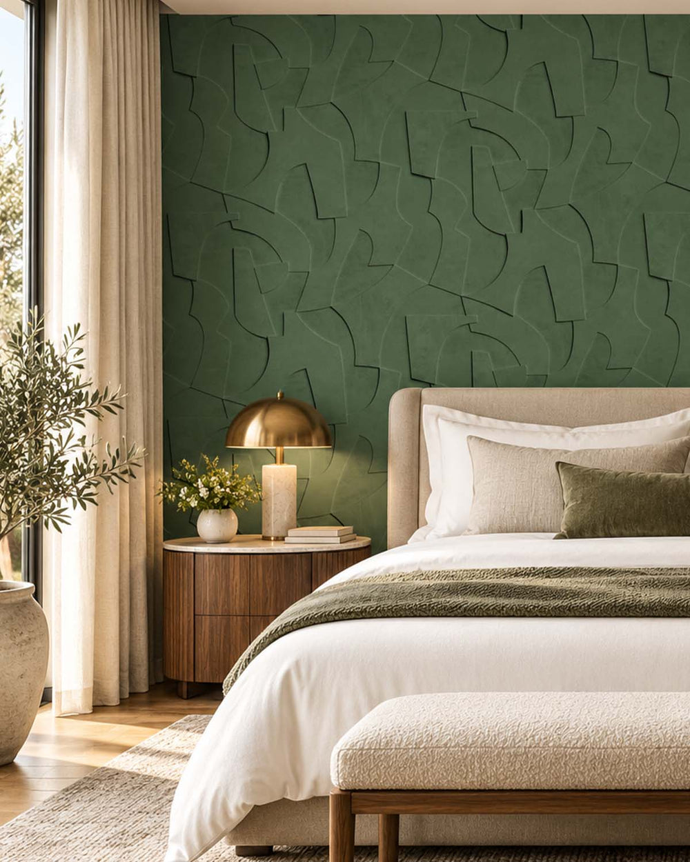 Castellan Green Sculptural Bas-Relief Abstract Wallpaper Panels RM9286