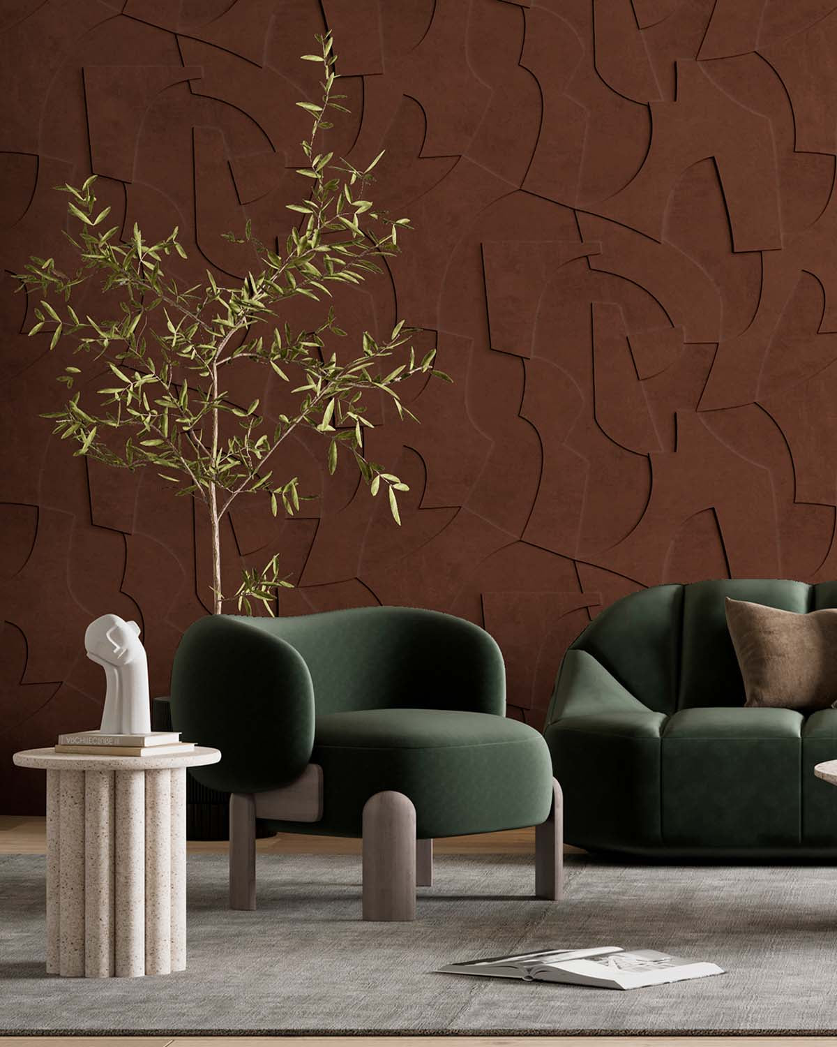 Sencha Brown Sculptural Bas-Relief Abstract Wallpaper Panels RM9287