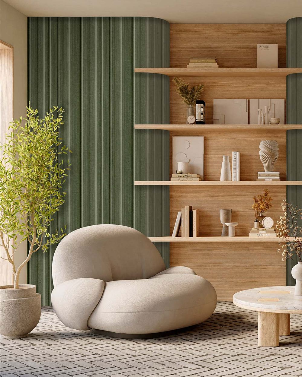 Matsuba Green 3D Faux Wood Slat  Residential Mural RM9291