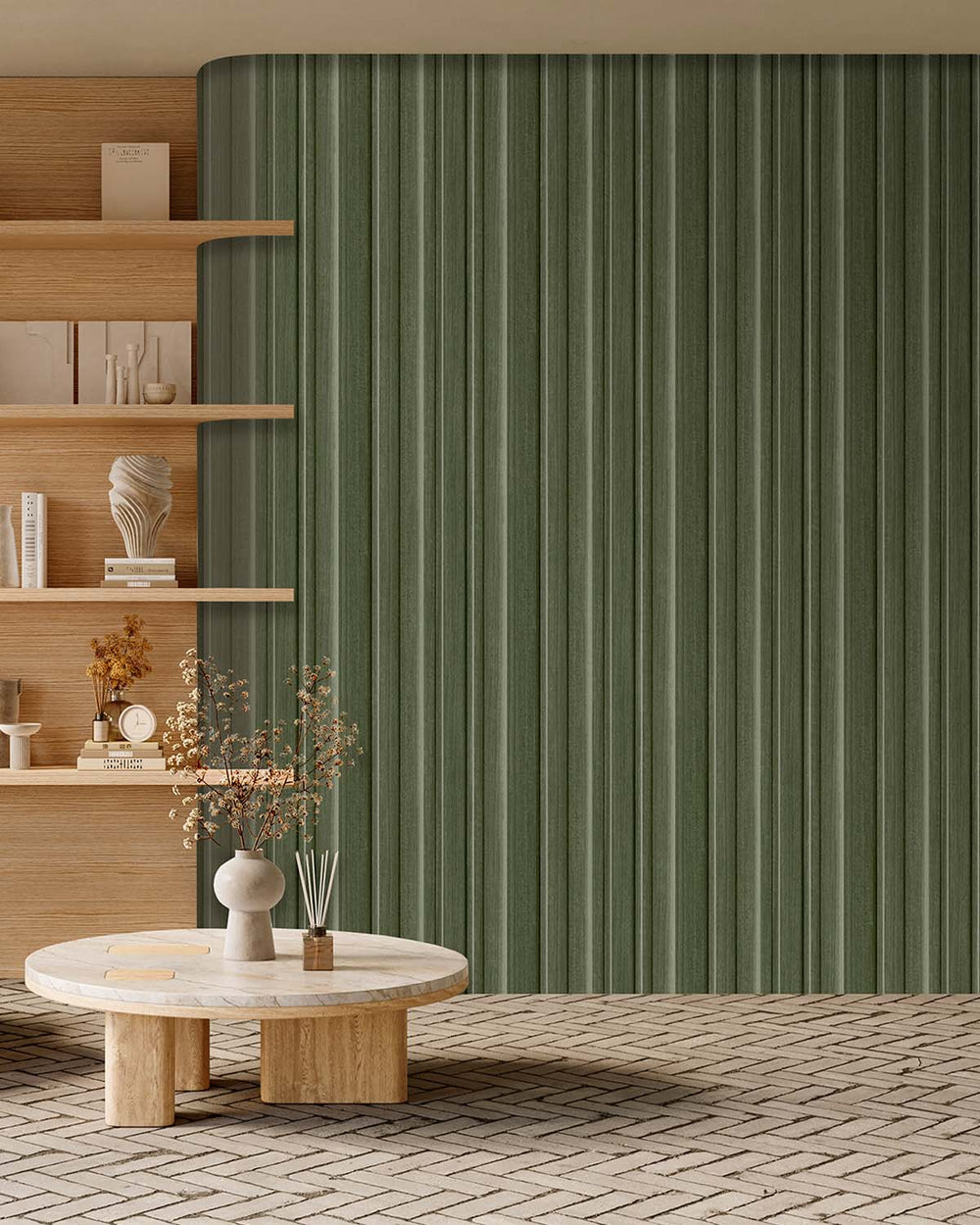 Matsuba Green 3D Faux Wood Slat  Residential Mural RM9291
