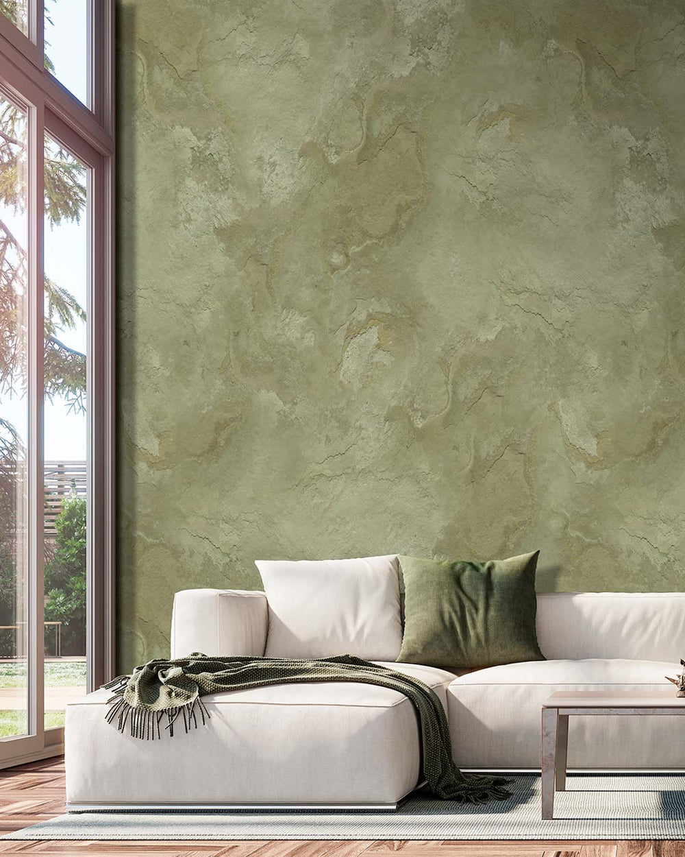Inness Sage Stone Distressed Plaster Residential Mural RM9301