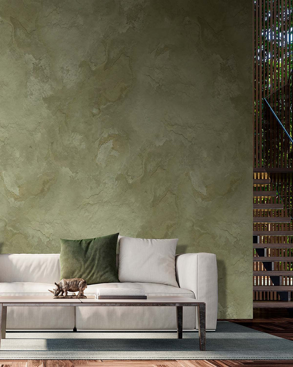 Inness Sage Stone Distressed Plaster Residential Mural RM9301