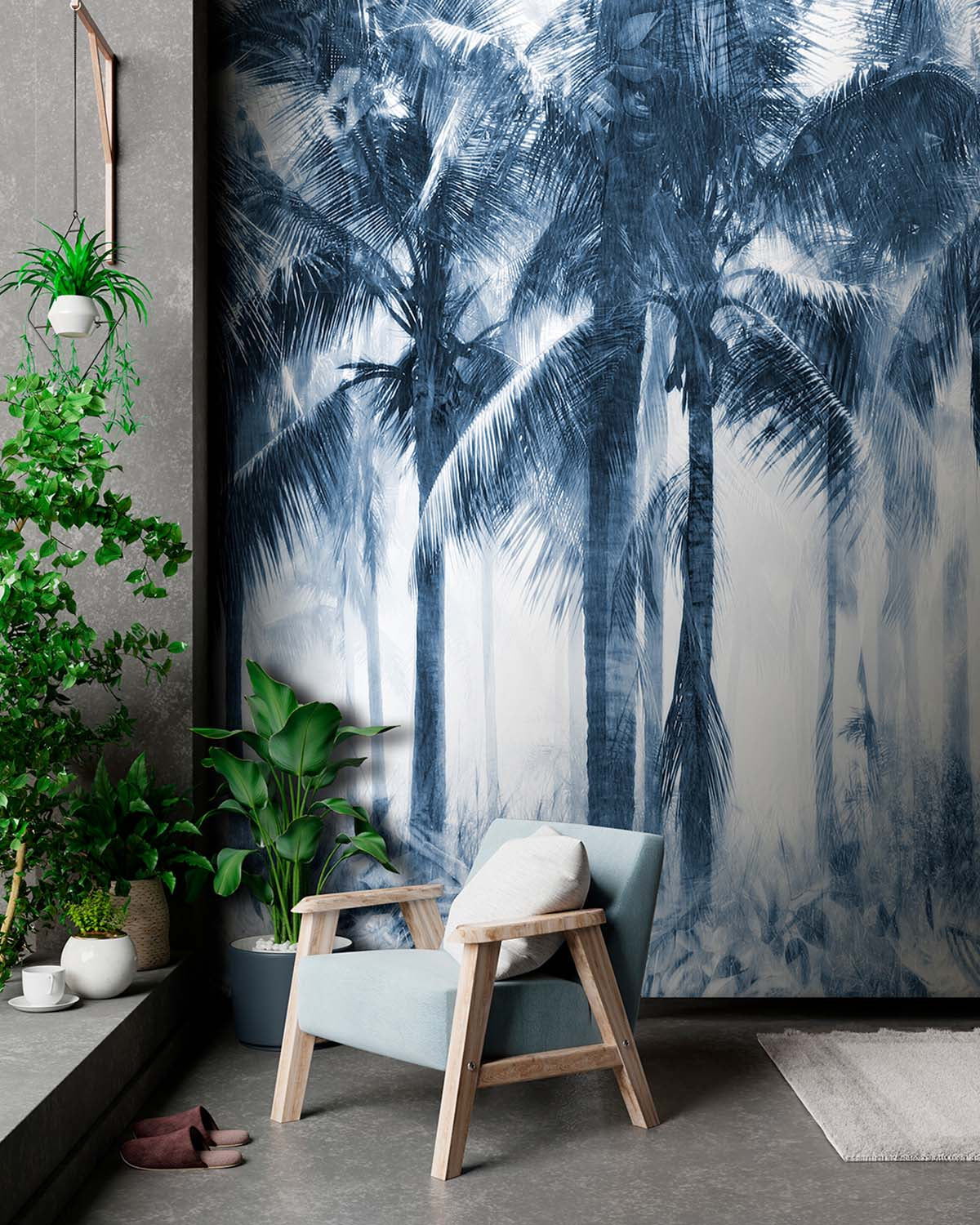 Majolica Blue Misty Palm Grove Wallpaper Panels RM9325