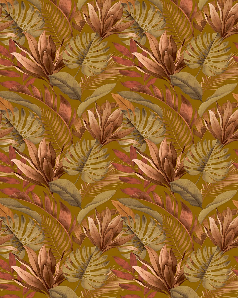 Suzume Brown Tropical Monstera & Banana Leaf  Residential Mural RM9337