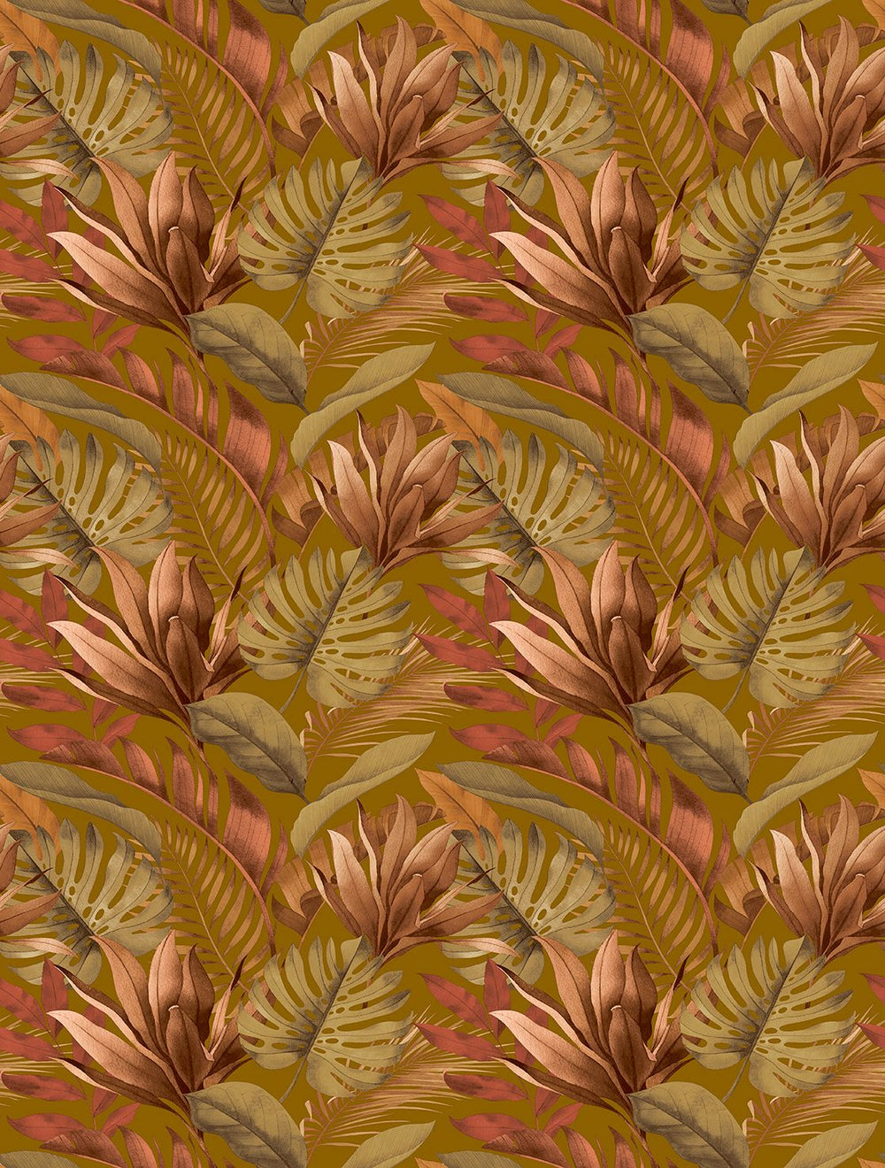 Suzume Brown Tropical Monstera & Banana Leaf  Residential Mural RM9337