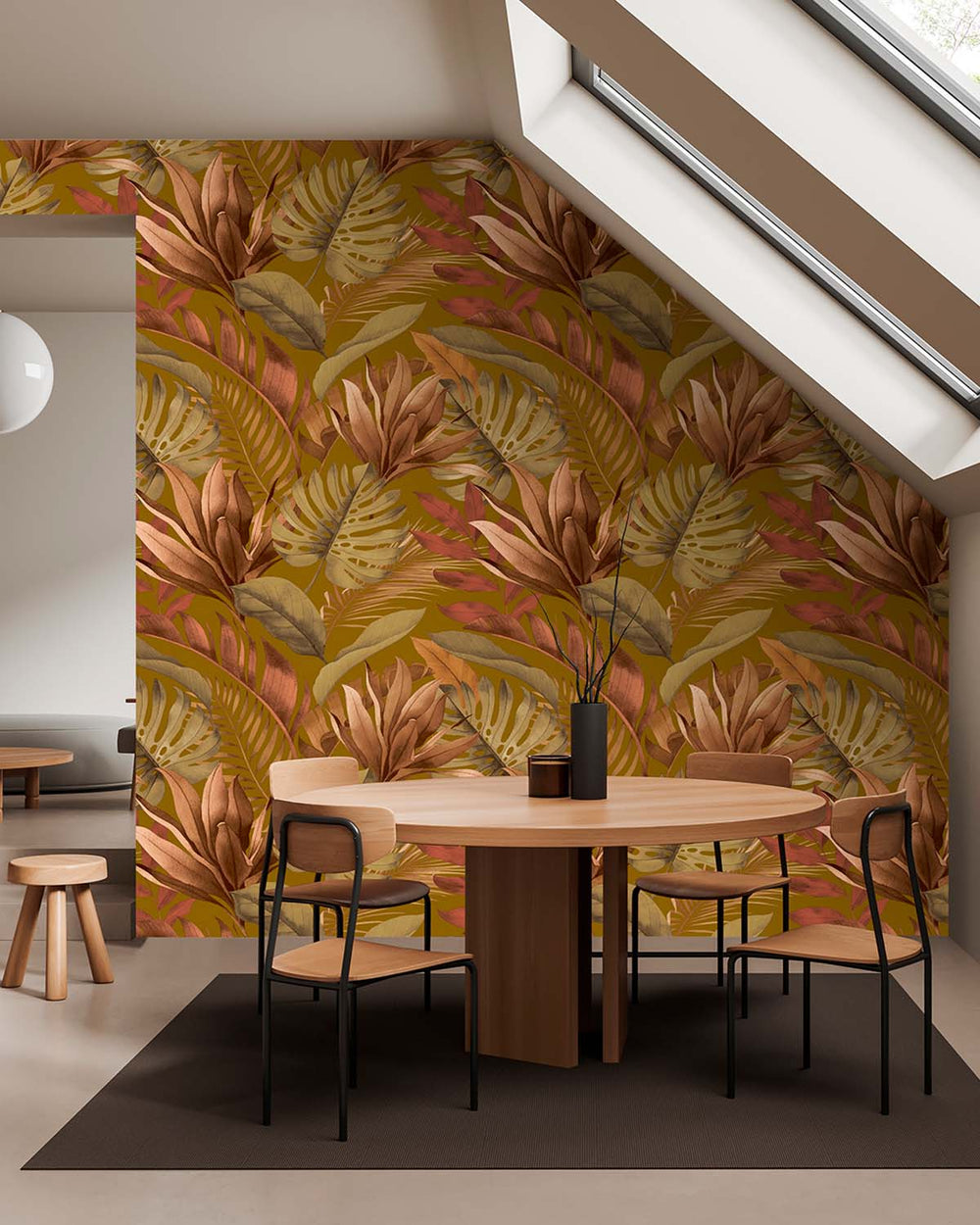 Suzume Brown Tropical Monstera & Banana Leaf  Residential Mural RM9337