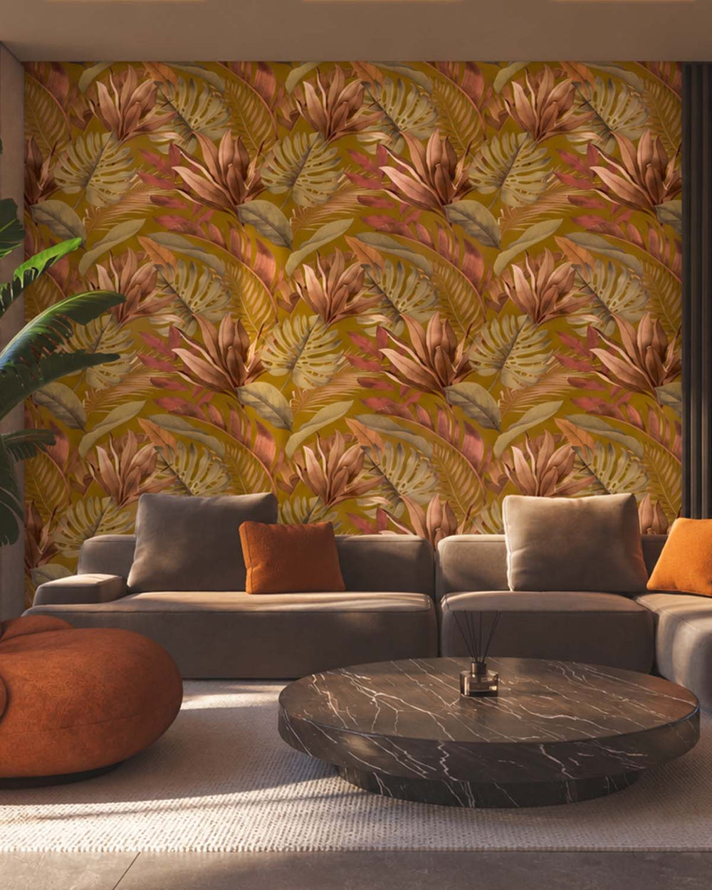 Suzume Brown Tropical Monstera & Banana Leaf  Residential Mural RM9337
