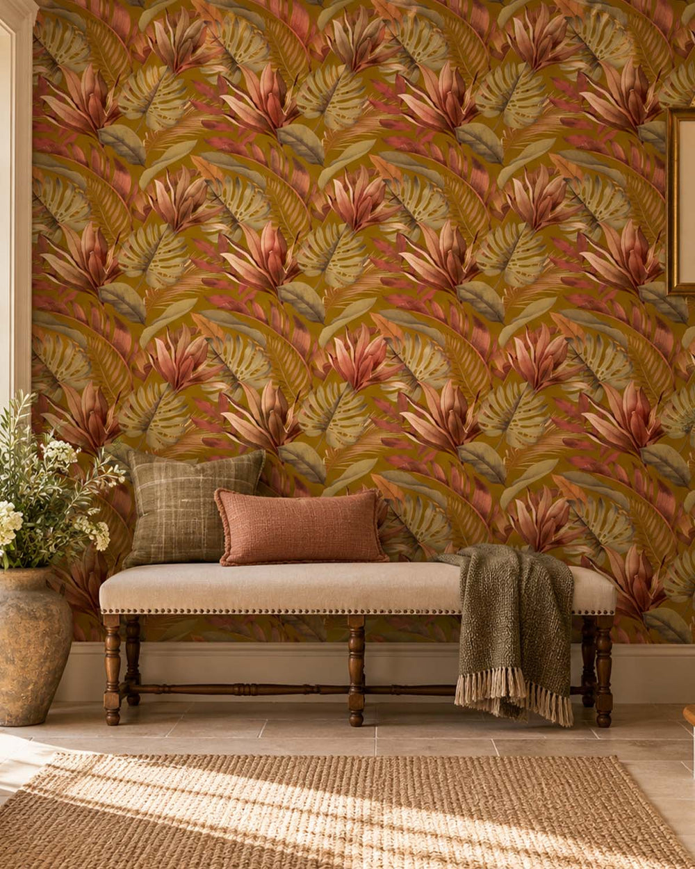 Suzume Brown Tropical Monstera & Banana Leaf  Residential Mural RM9337