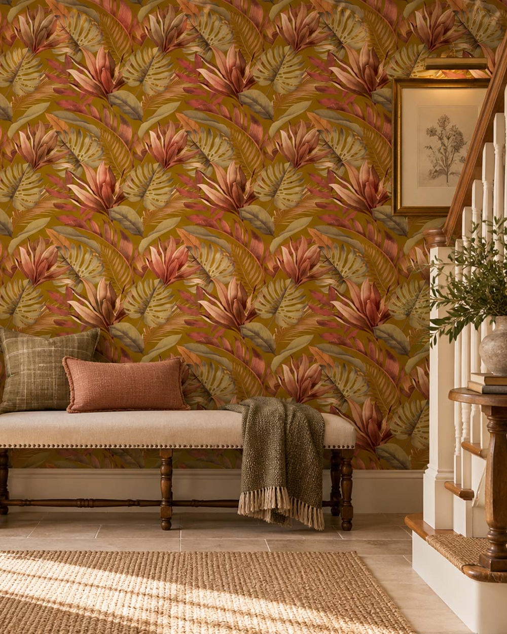 Suzume Brown Tropical Monstera & Banana Leaf  Residential Mural RM9337