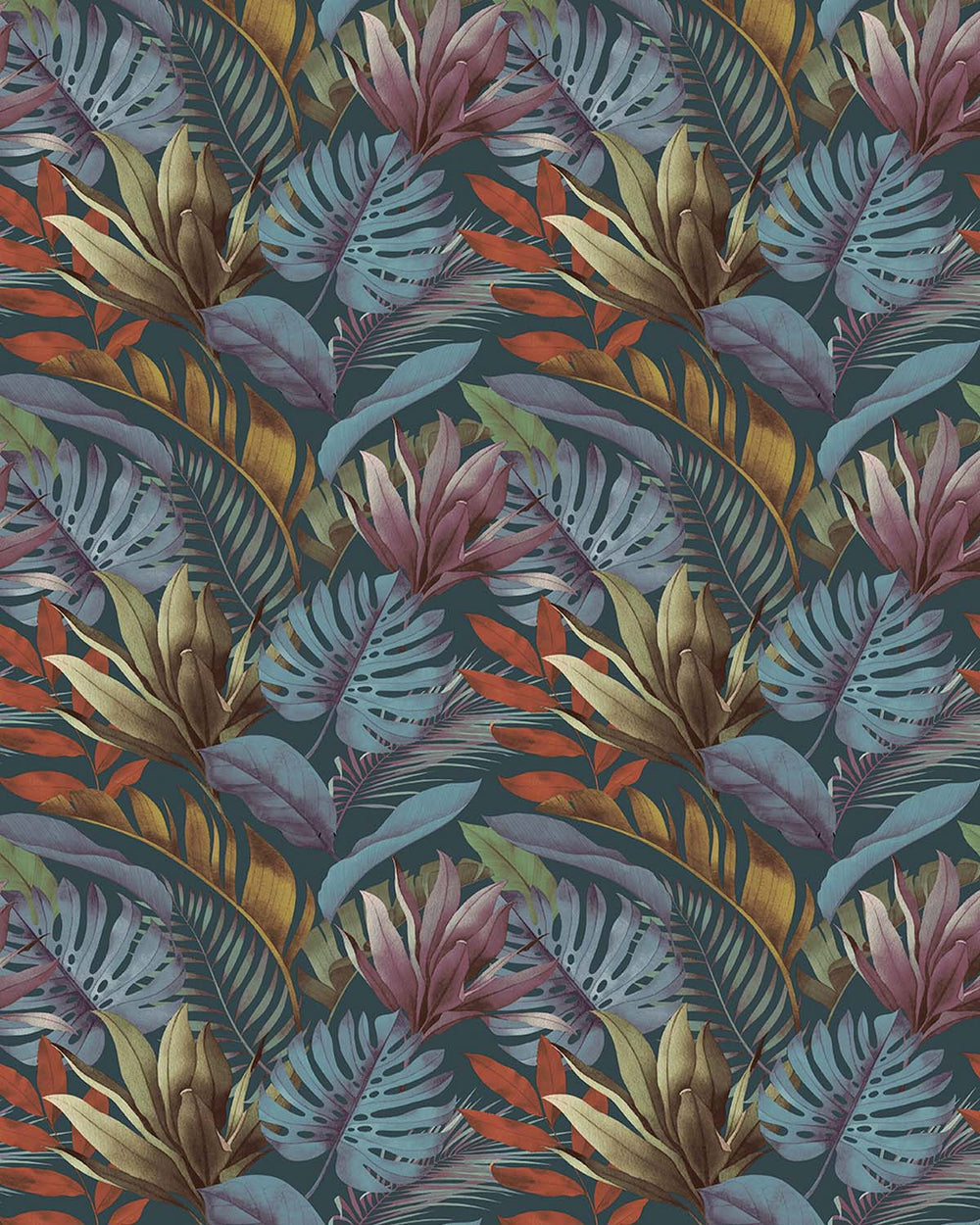 Azul Petróleo Tropical Monstera & Banana Leaf  Residential Mural RM9338