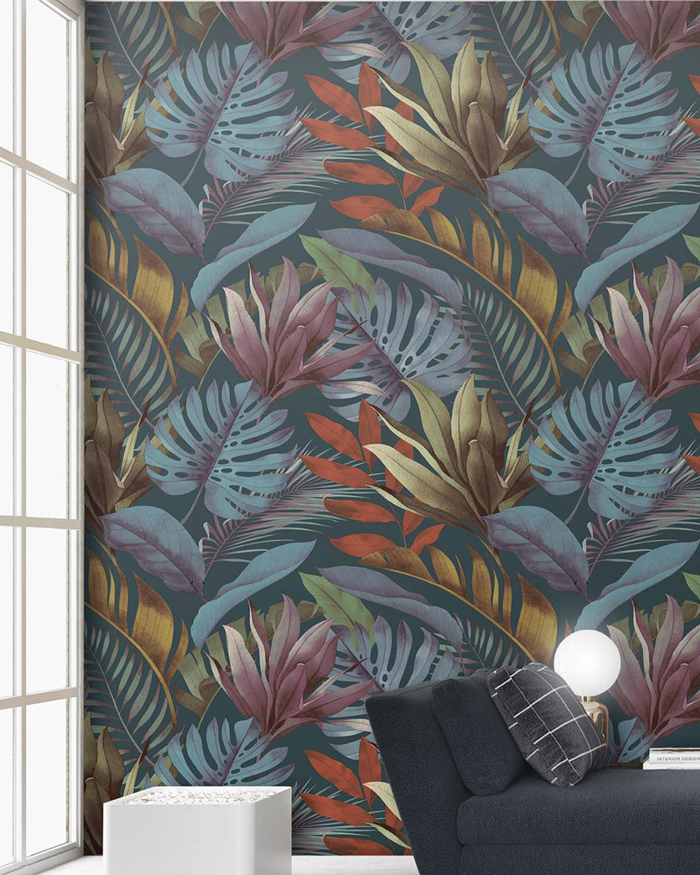 Azul Petróleo Tropical Monstera & Banana Leaf  Residential Mural RM9338