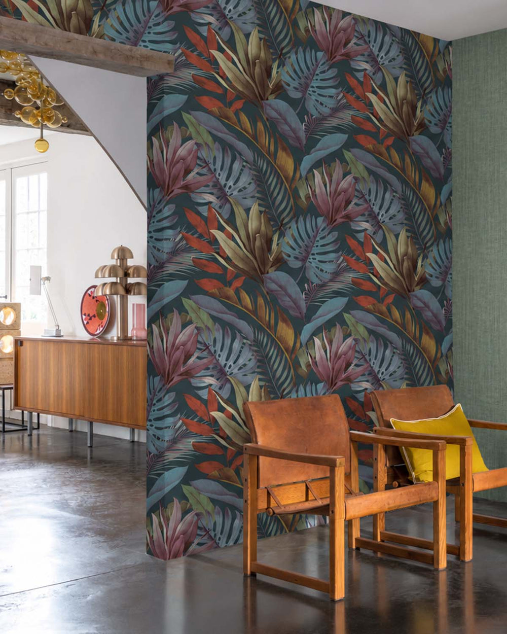 Azul Petróleo Tropical Monstera & Banana Leaf  Residential Mural RM9338