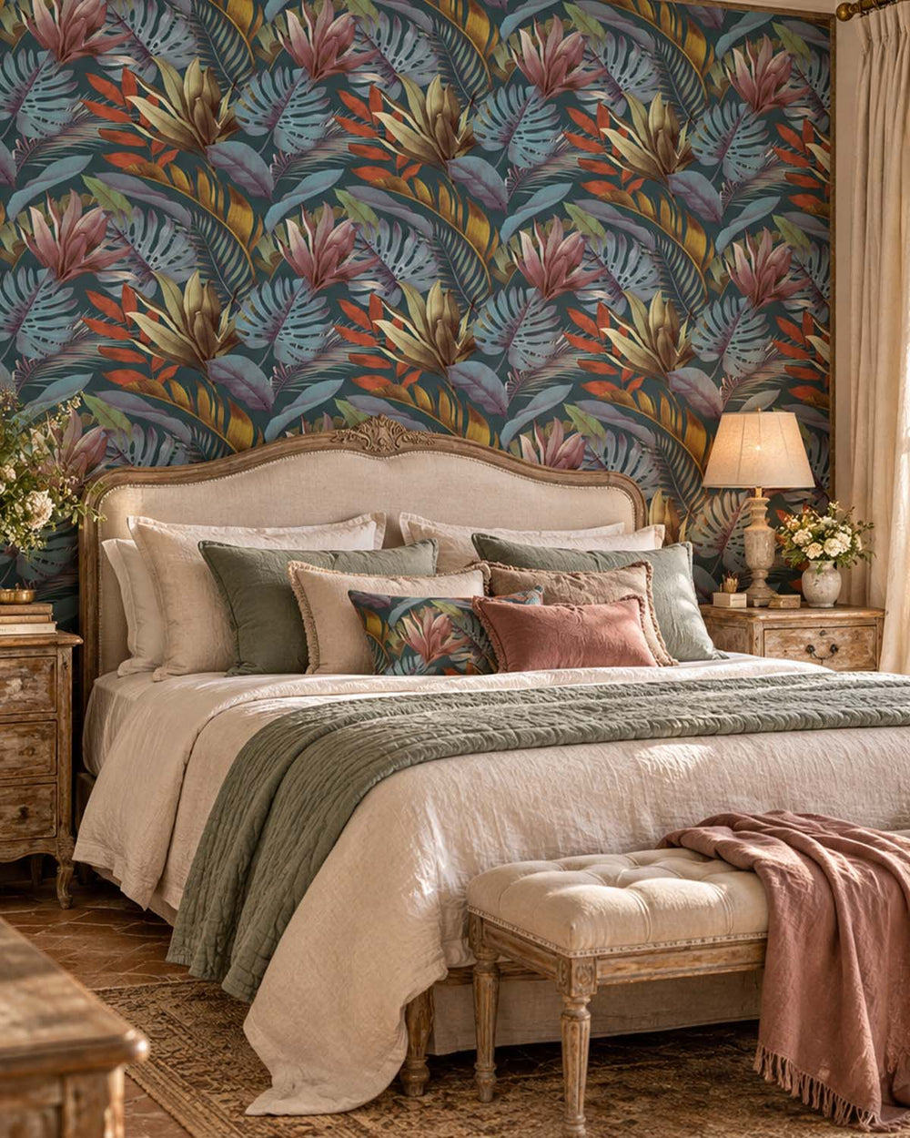 Azul Petróleo Tropical Monstera & Banana Leaf  Residential Mural RM9338