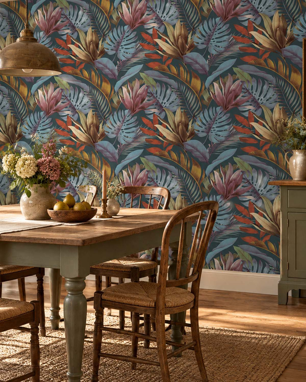 Azul Petróleo Tropical Monstera & Banana Leaf  Residential Mural RM9338