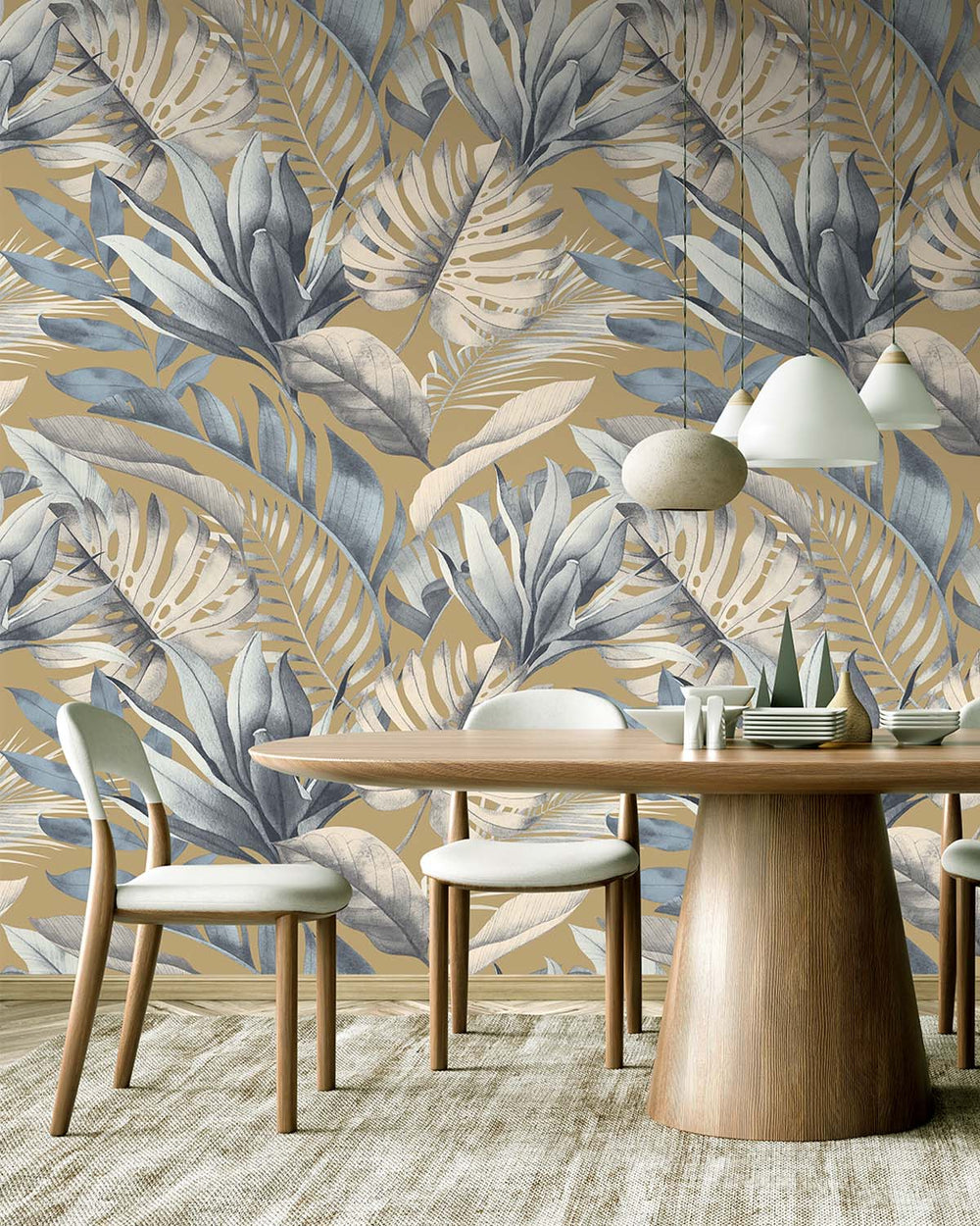 Supreme Grey Tropical Monstera & Banana Leaf  Residential Mural RM9339