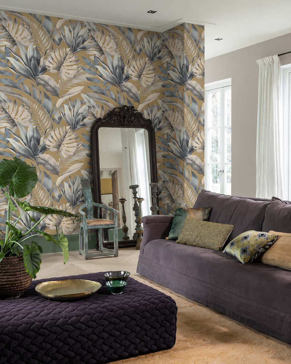 Supreme Grey Tropical Monstera & Banana Leaf  Residential Mural RM9339