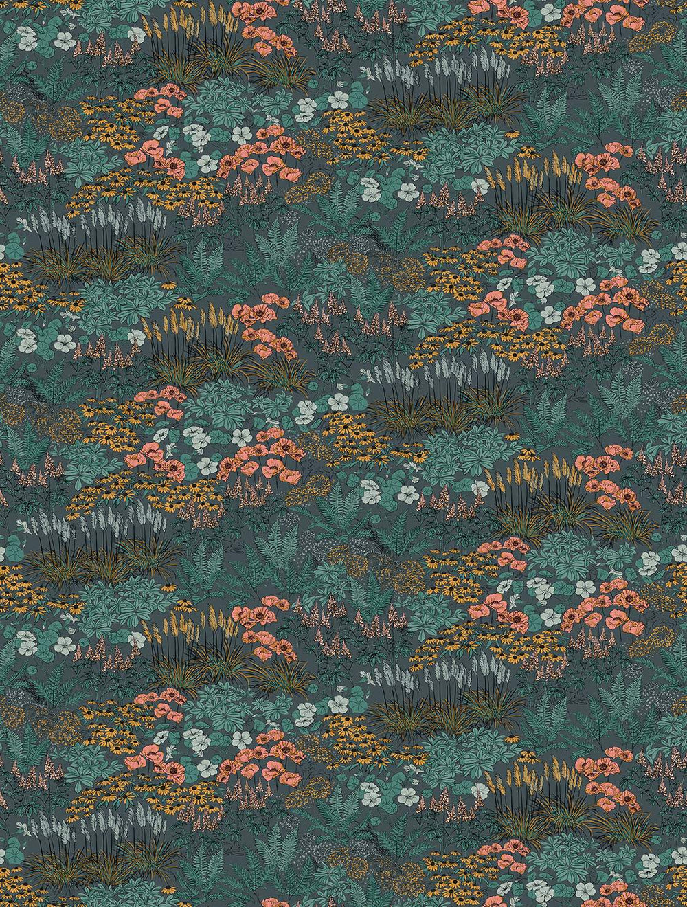 Greyish Teal Wildflower Meadow Botanical  Residential Mural RM9351