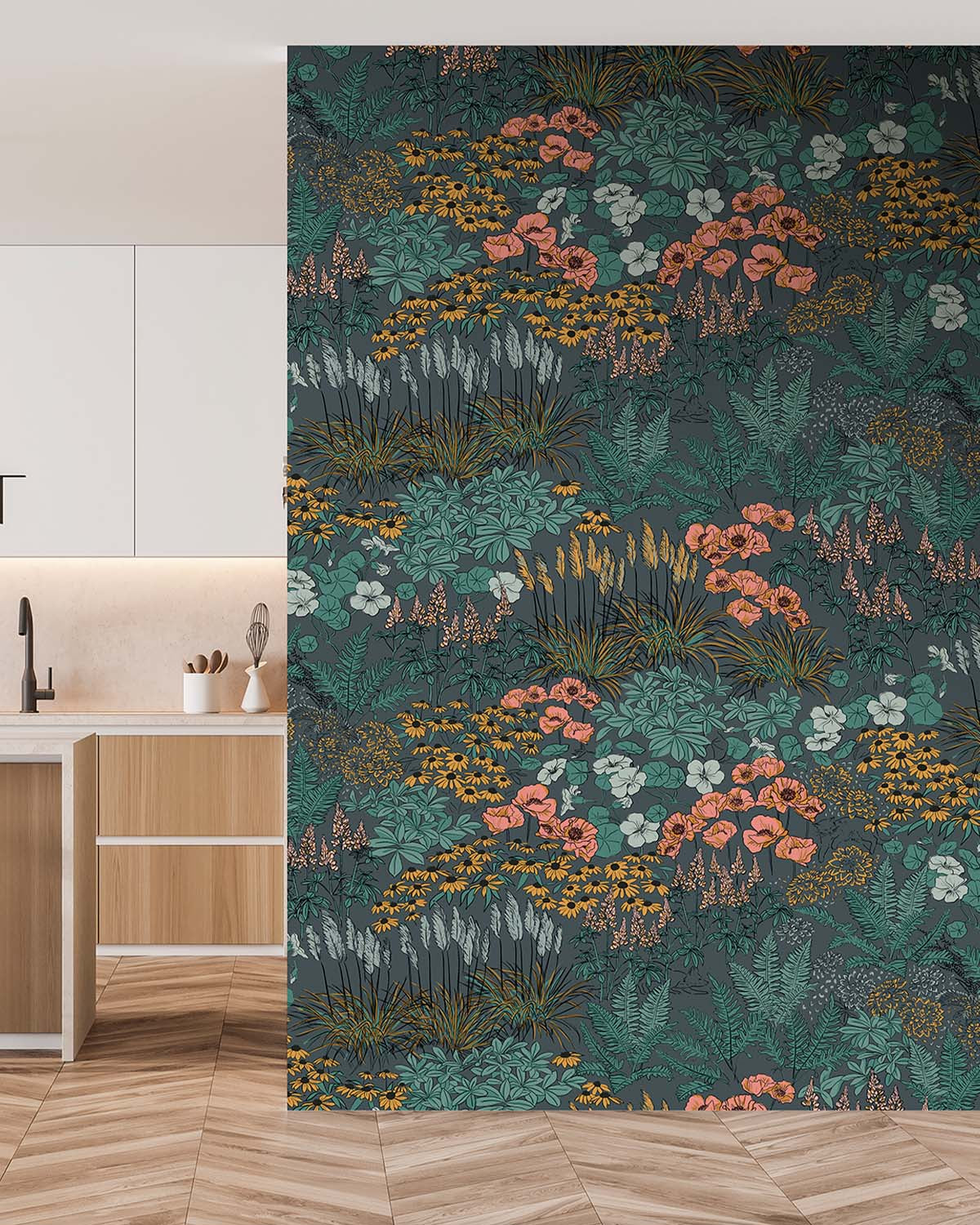 Greyish Teal Wildflower Meadow Botanical  Wallpaper Panels RM9351