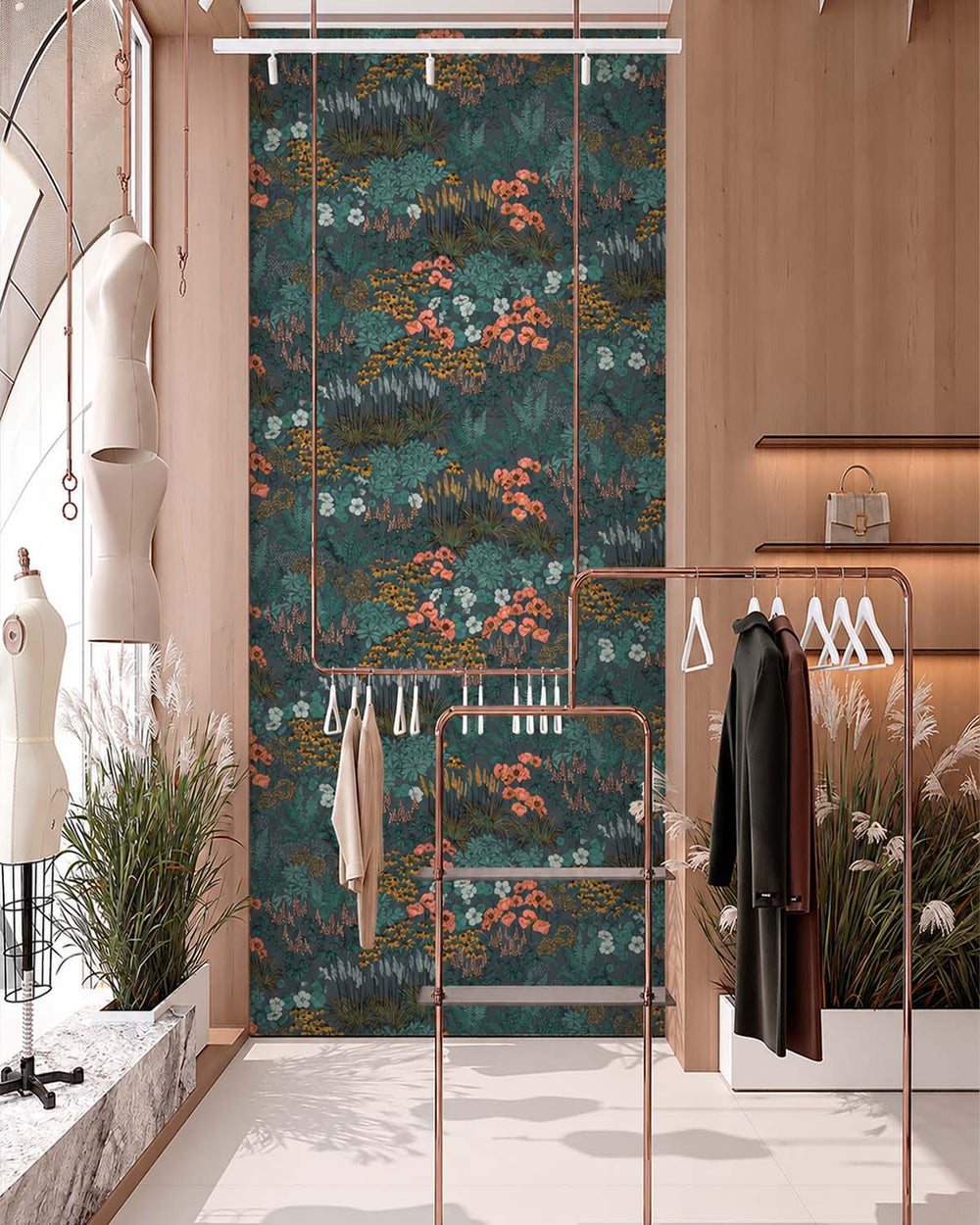 Greyish Teal Wildflower Meadow Botanical  Residential Mural RM9351