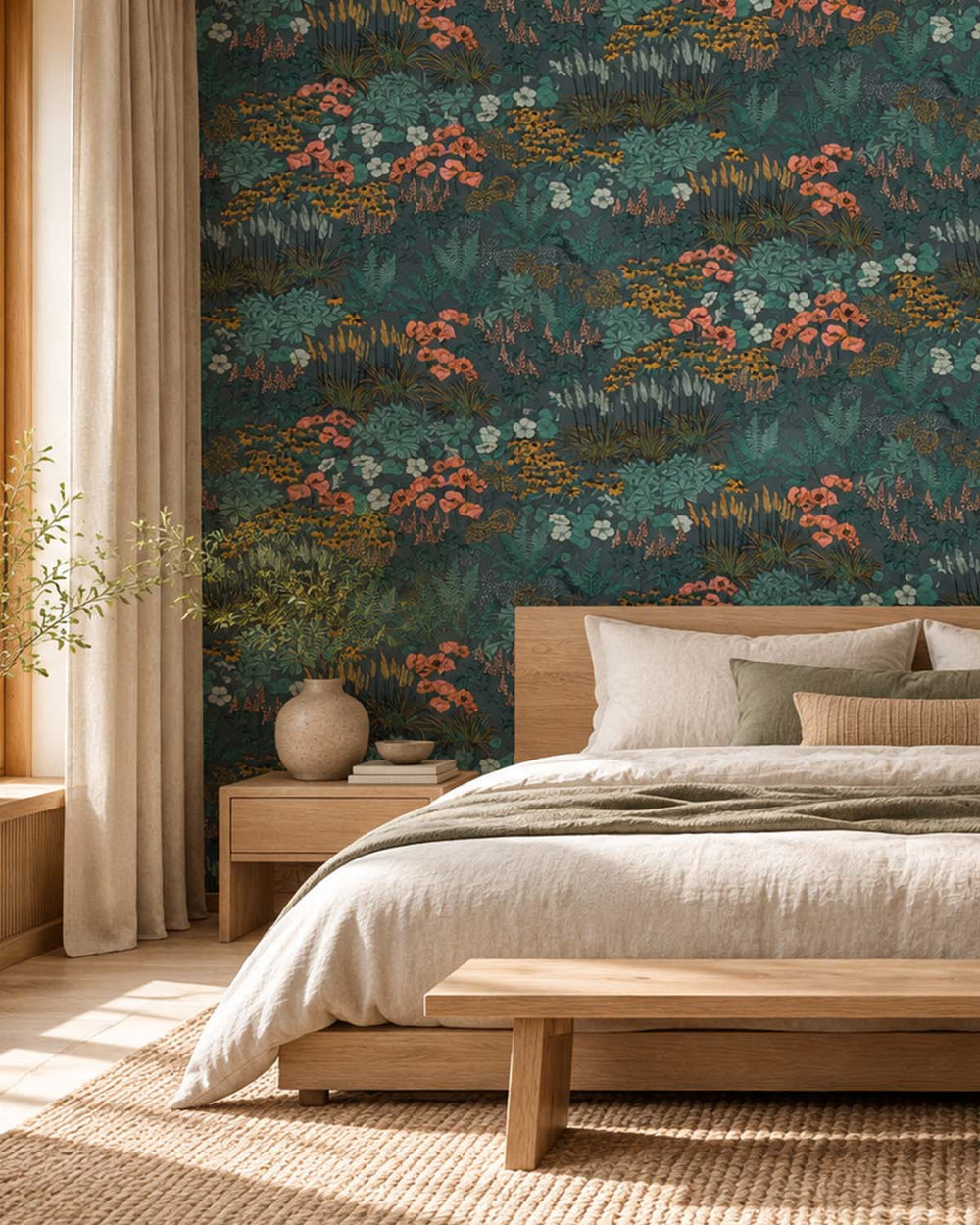 Greyish Teal Wildflower Meadow Botanical  Residential Mural RM9351