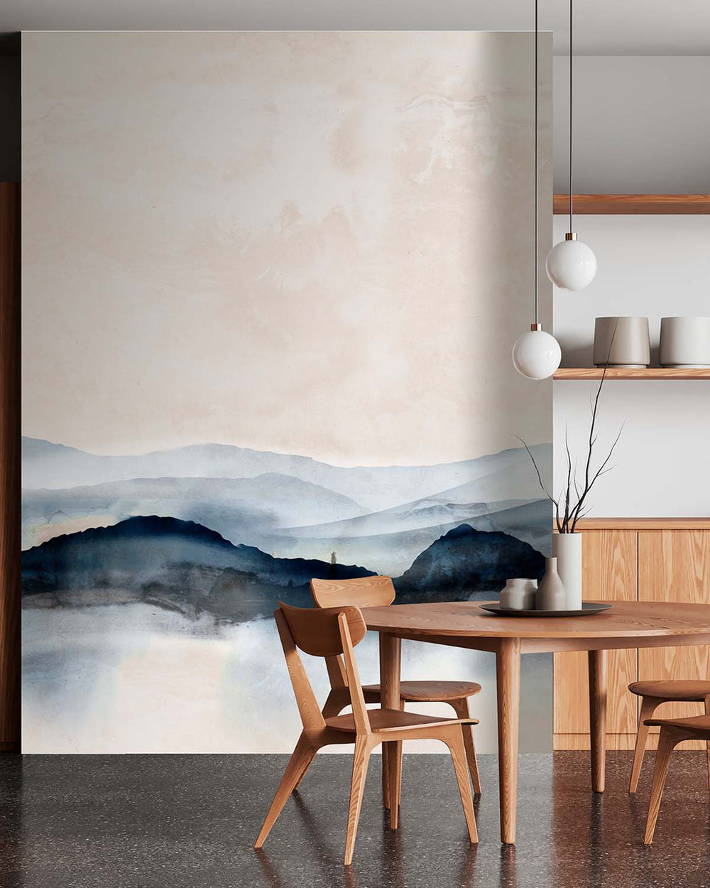 Thistle Grey Misty Watercolor Mountains  Residential Mural RM9353