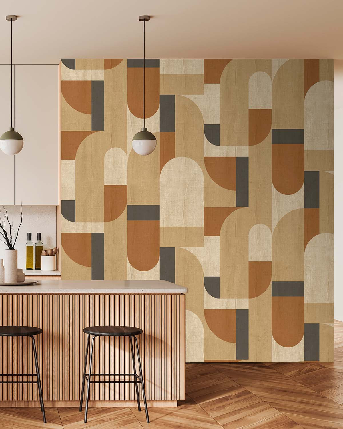Loquat Brown Bauhaus Abstract Curve Wallpaper Panels RM9354