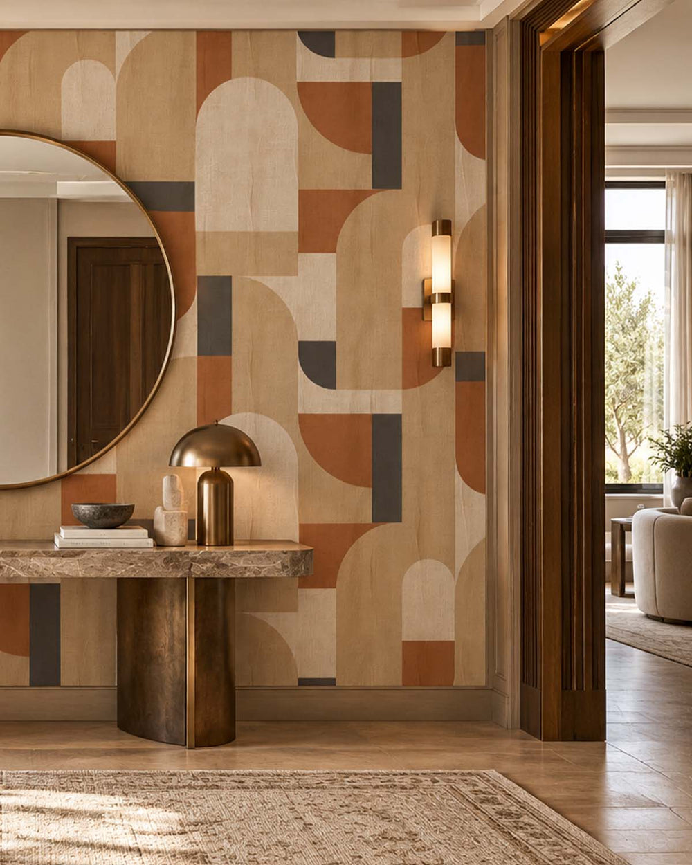Loquat Brown Bauhaus Abstract Curve Residential Mural RM9354