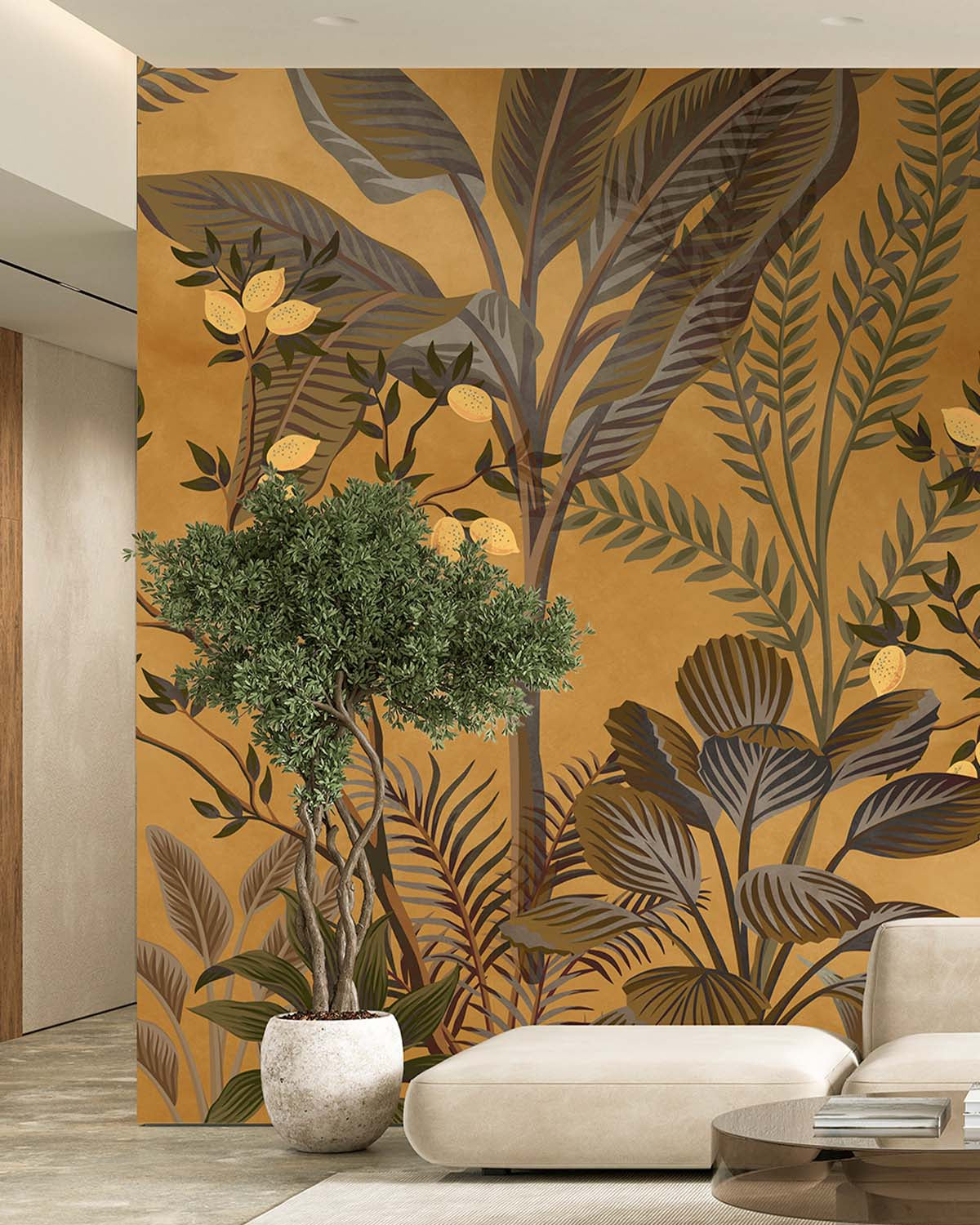 Buttered Rum Misty Jungle Lemon Tree Wallpaper Panels RM9363