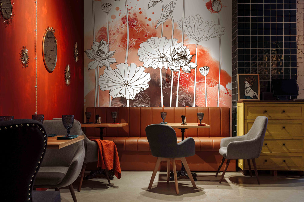 Red Asian Garden Mural Wallpaper M1412