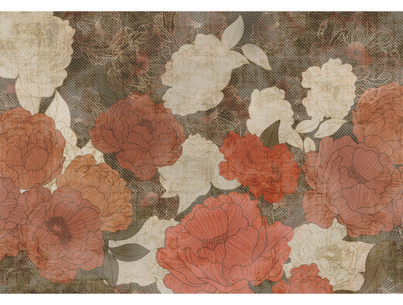 Red Luxurious peony Flowers Mural Wallpaper M1211